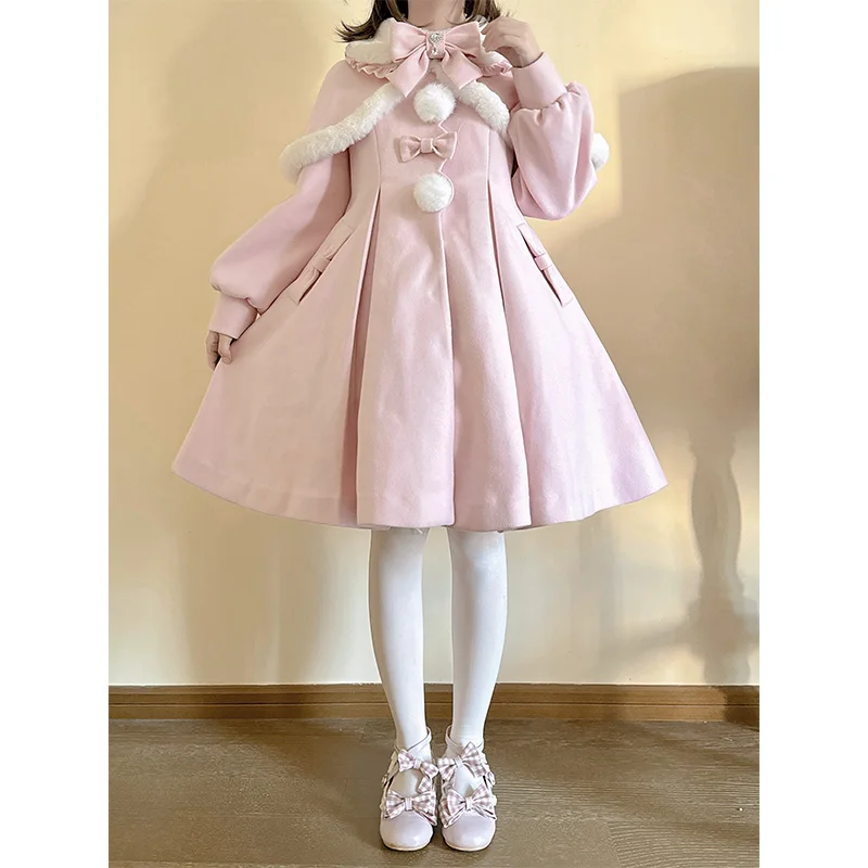 Original Japanese Retro Elegant Detachable Cape Fur Collar Bow Long Sleeve Sweet Versatile Woolen Long Coat Women Winter Jackets - Image 5