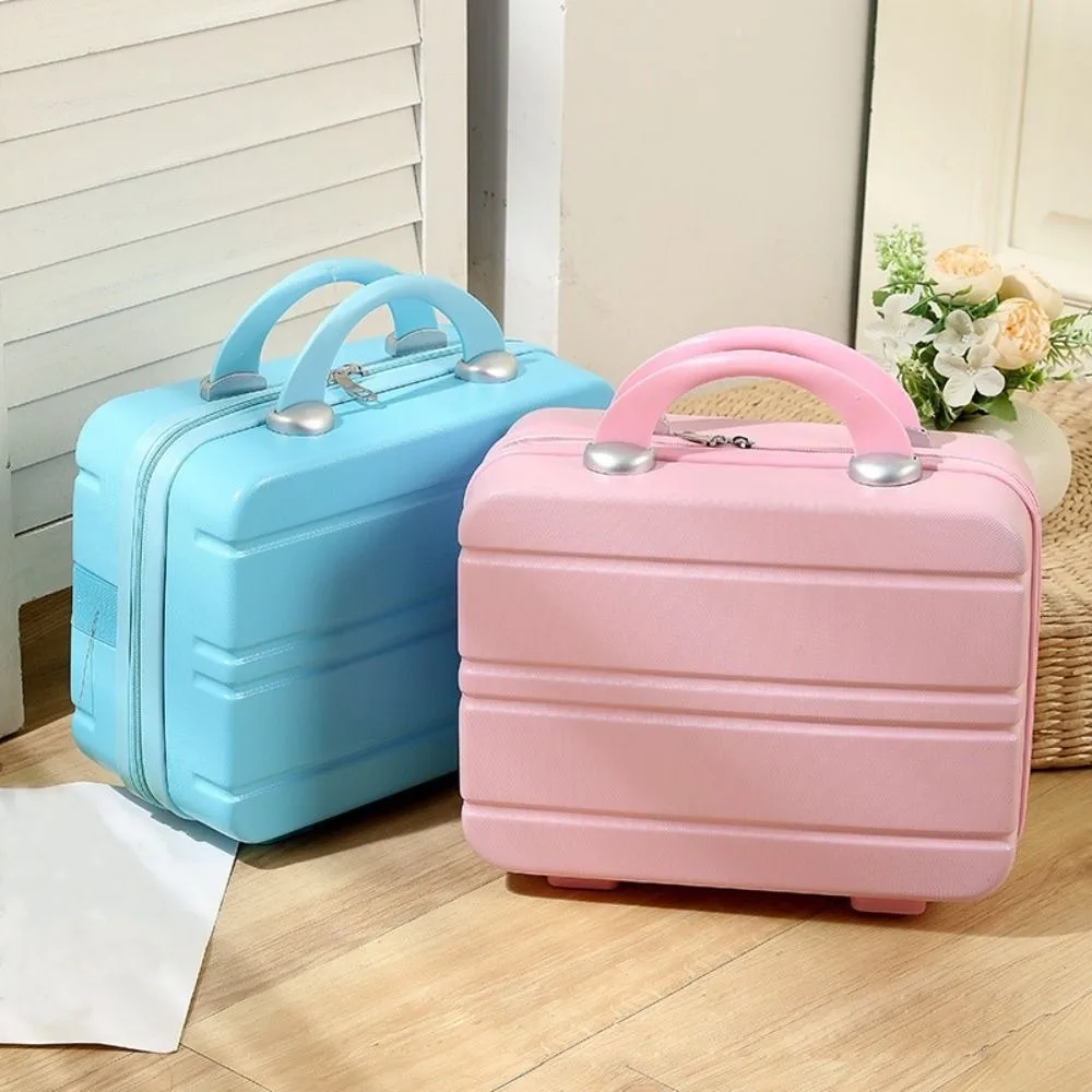 Plastic Travel Makeup Case Hard Shell Zipper Closure Cosmetic Bag Suitcase Style Interior Mesh Pocket Hand Luggage Carrying Bag