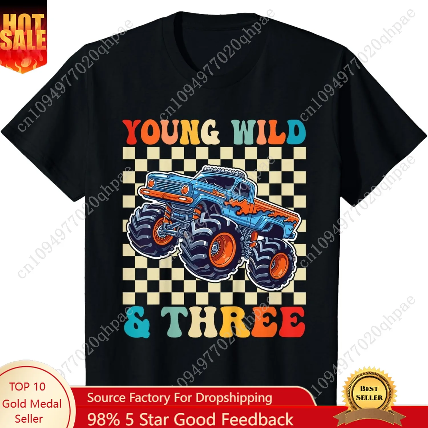 تي شيرت عيد الميلاد الثالث Monster Truck Young Wild وثلاثة سنوات