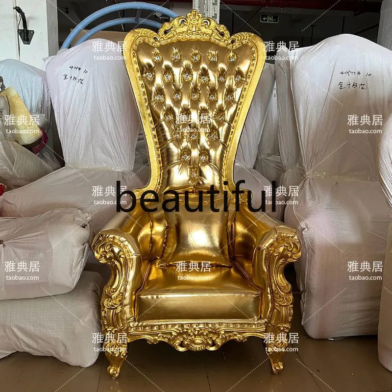 European gold leather high back chair lobby image chair neoclassical solid wood carving flower decoration gold foil sofa chair