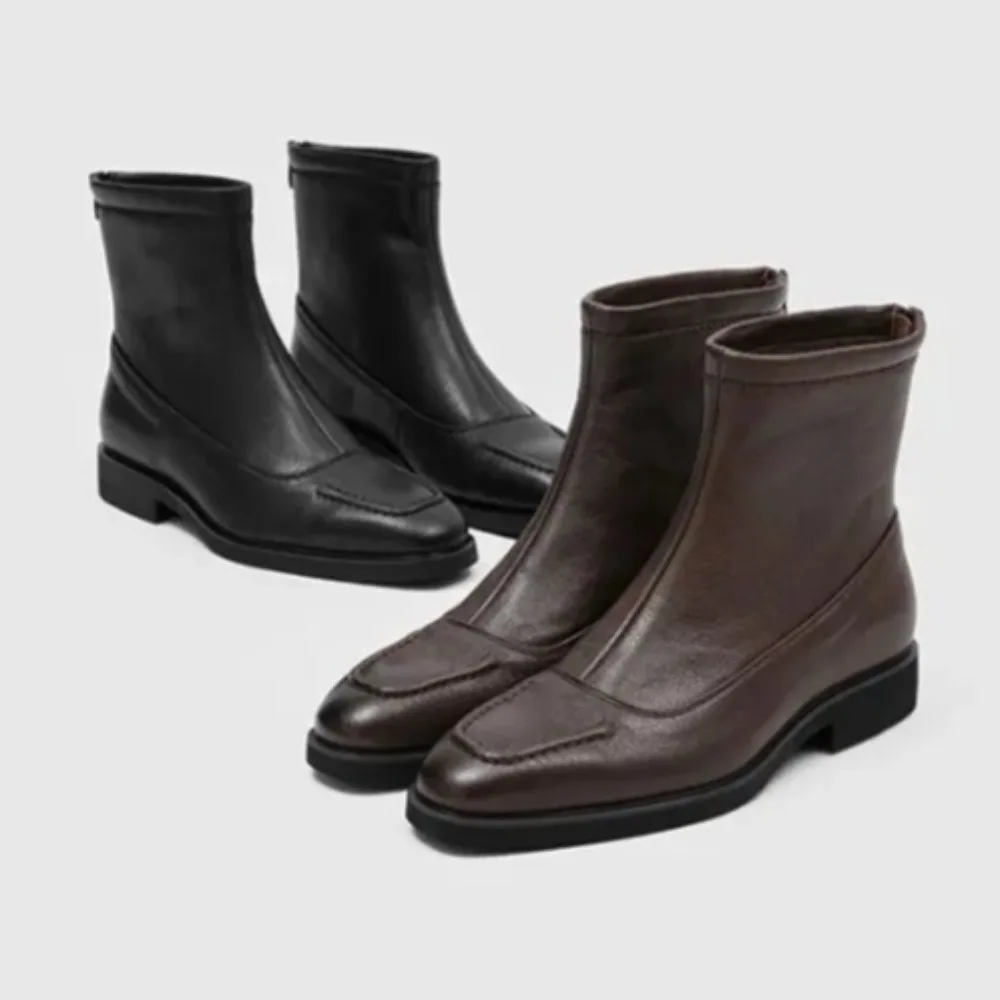 

Aucegi New Genuine Leather Square Toe Women Retro Women Ankle Boots Back Zipper Fashion Comfy Chunky Heels Autumn Winter Shoes