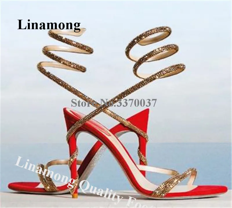 

Rhinestones Straps Cross Sandals Linamong Newest Snake Shaped Strappy Stiletto Heel Wedding Heels Gold Silver Crystals Shoes