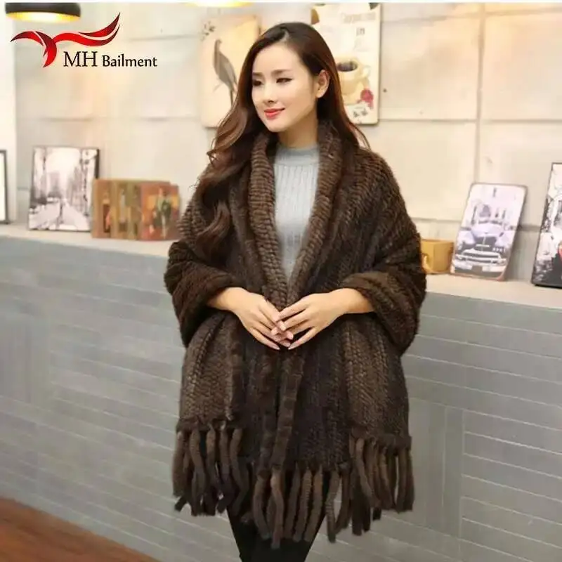Women Natural Mink Fur Scarf Fashion Long Poncho Female Winter Brown Knit Real Fur Scarves Wraps Luxury Large Shawl Ladies