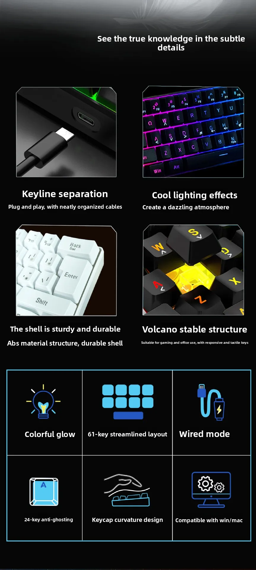 Teclado RGB Gamer 60% Keyboard Ergonomic Mini PC White Computer Keyboard Portable Backlit USB Wired Black Clavier Ordinateur