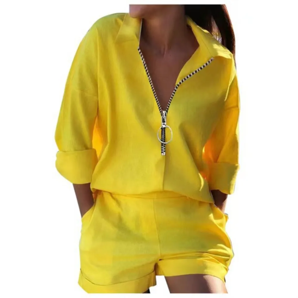 Fashion Printed Shirt T-shirt Long Sleeve Shorts Women\'s Suit Spring Summer Casual Zipper Pullover Top Shorts 2piece Set Female