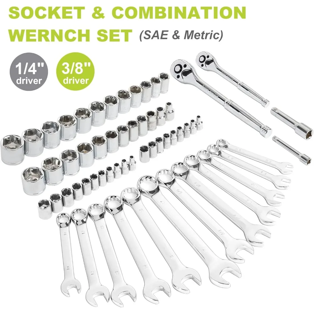 FASTPRO 225피스 가정용 공구 세트, SAE 및 미터법 정비 수공구 세트(공구함 포함), 가정/자동차 수리용 DIY 공구 키트, H