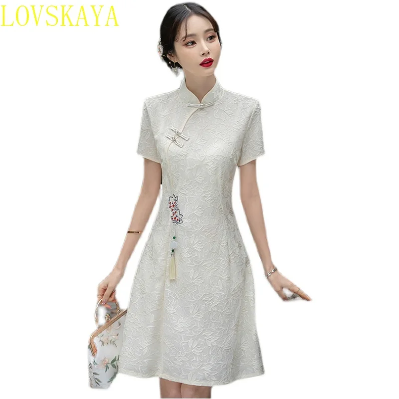 New Plus Size Retro Red Embroidery Chinese Traditional Casual Party Women's Midi Dress Summer Plaid Dress