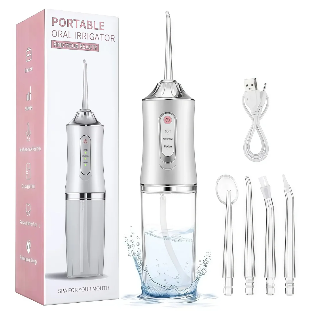 Irrigador Bucal Portátil Recargable por USB con 3 Modos y 4 Boquillas, Limpiador Dental, Ideal para Viajes y Cuidado Bucal en el Hogar
