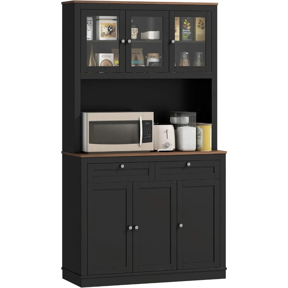 

Tall Pantry Cabinet with Microwave Stand, Freestanding Kitchen Hutch with 2 Drawers, Bar Cabinet with Adjustable Shelves