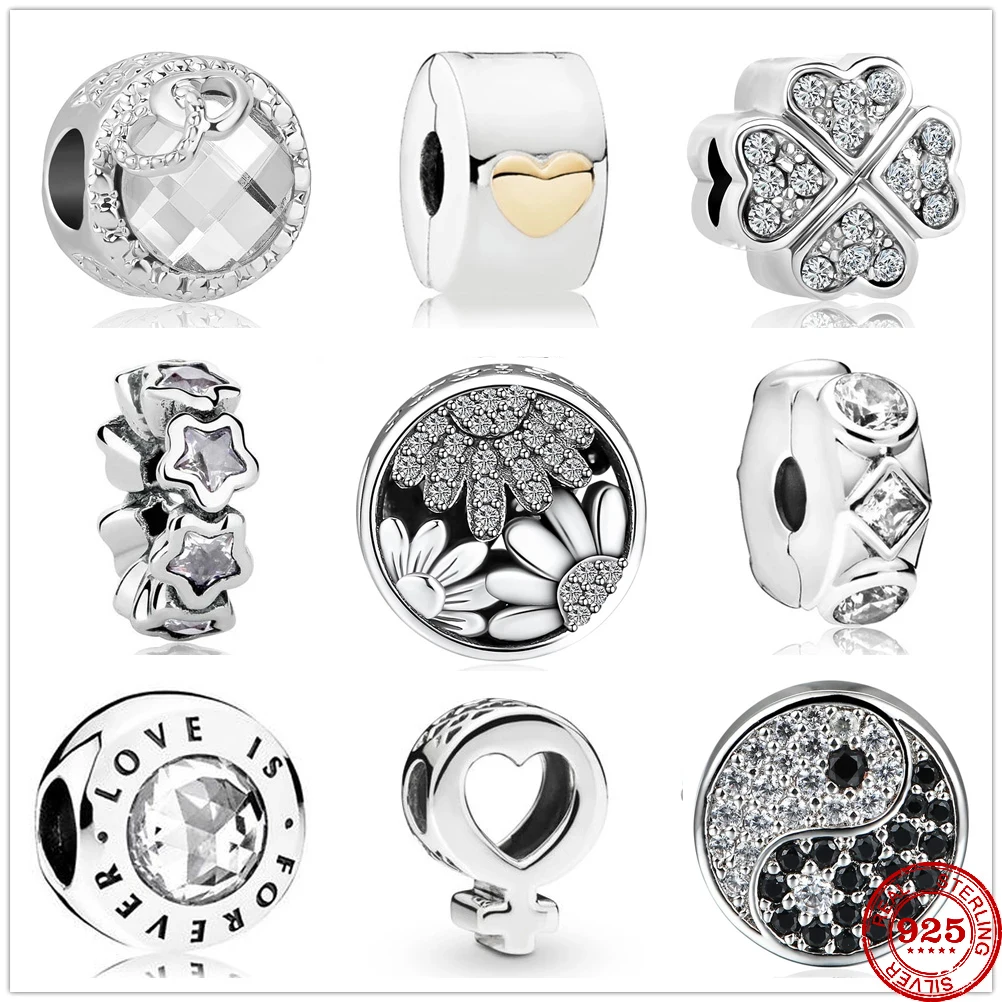 

New 925 Sterling Silver Mother Star Diamond Zircon spacer clip Charm bead Fit Original Pandora Bracelet DIY Jewelry For Women