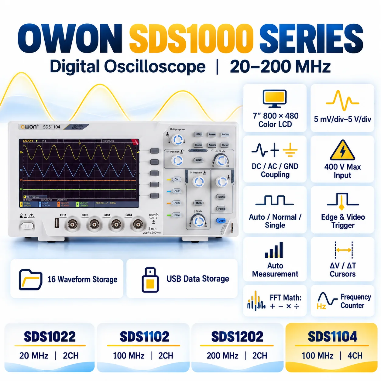 Digital Storage Oscilloscope 100Mhz - OWON SDS1022 SDS1102 SDS1202 SDS1104 Digital