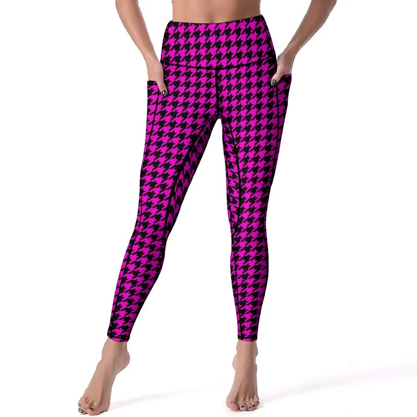 Black Pink Houndstooth Leggings Sexy Retro Print High Waist Yoga Pants Breathable Stretch Leggins Lady Graphic Gym Sport Legging