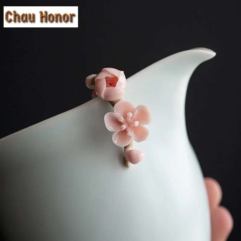 245ml Boutique Azure Ru Kiln Celadon Tea Pitcher Handmade Knead Pink Plum Blossom Ceramic Tea Maker Justice Cup Tea Ceremony