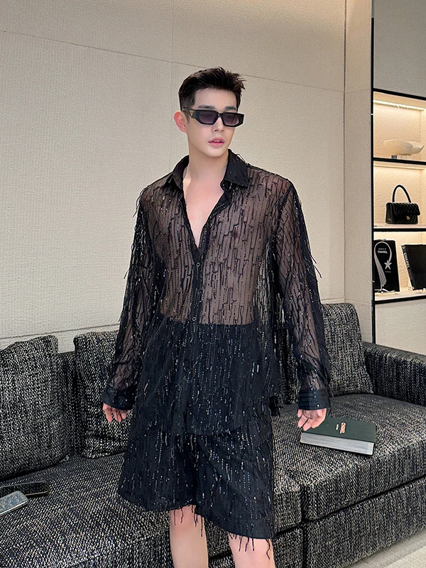 

Модные мужские летние брюки с блестящими бахромами для выступлений, широкие брюки-кюлоты, молодежный стиль