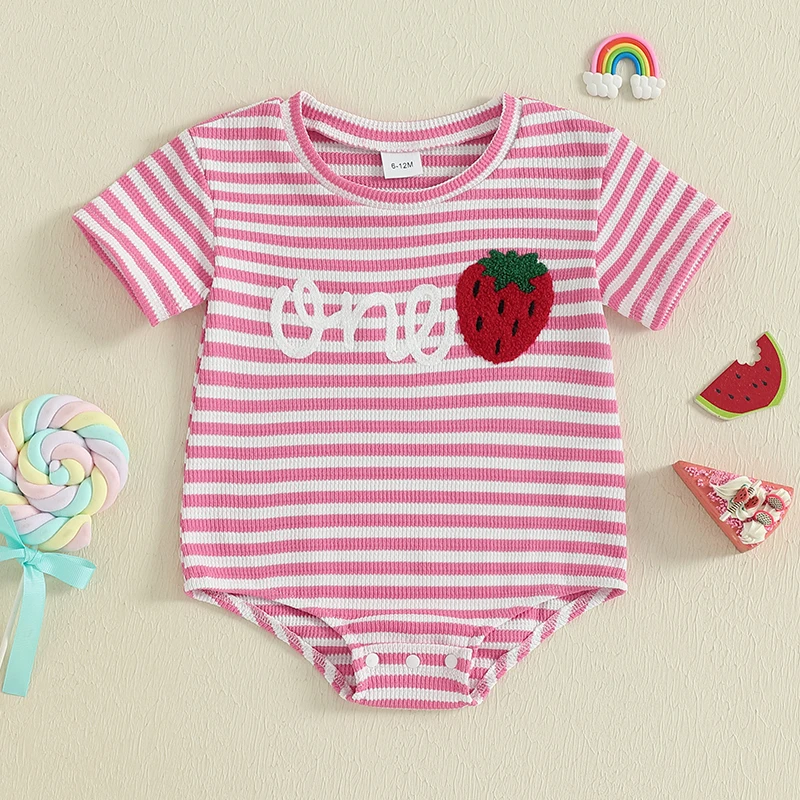 

Baby Girls Romper, Short Sleeve Crew Neck Stripes Letters Infant Bodysuit Birthday Summer Clothes