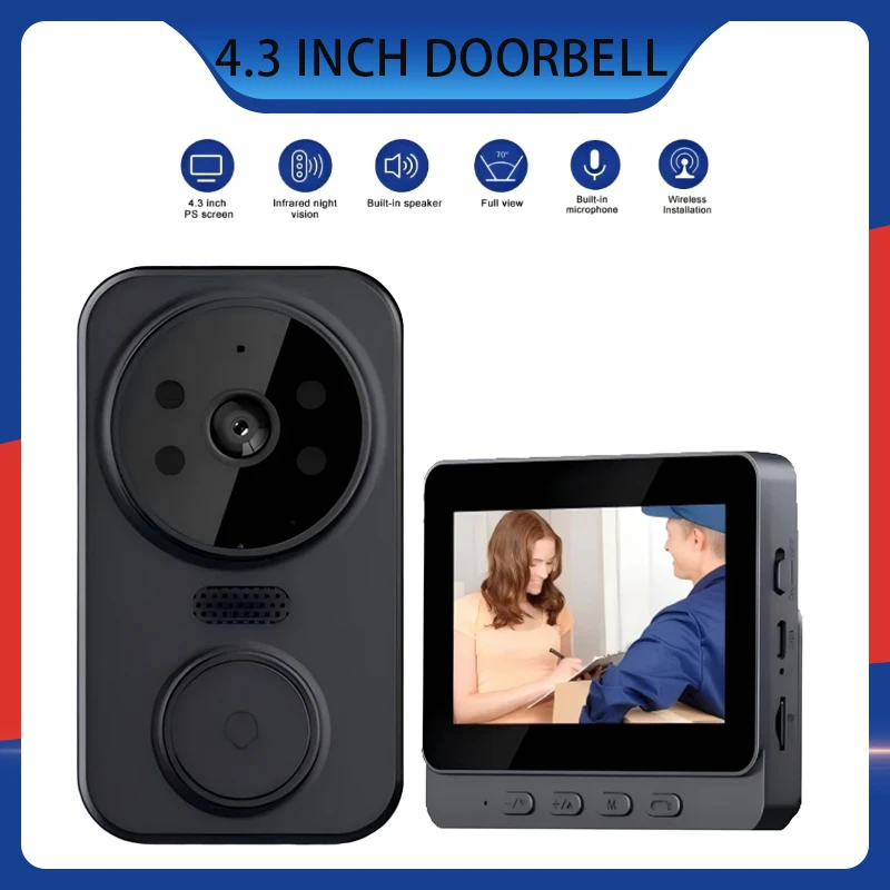 

4.3-Inch Smart Doorbell Camera Wireless Video Door Peephole 1080P HD Night Vision Two-Way Talk IP65 Waterproof No Wiring Needed