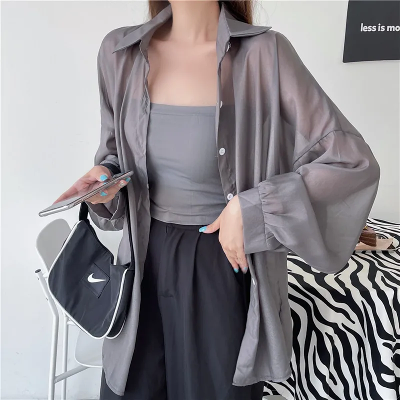 Korean Style Balloon-Sleeve Sheer Chiffon Cardigan Women Summer Long Sleeve Button Up Shirts Holiday Beach Thin Cover Up Coat