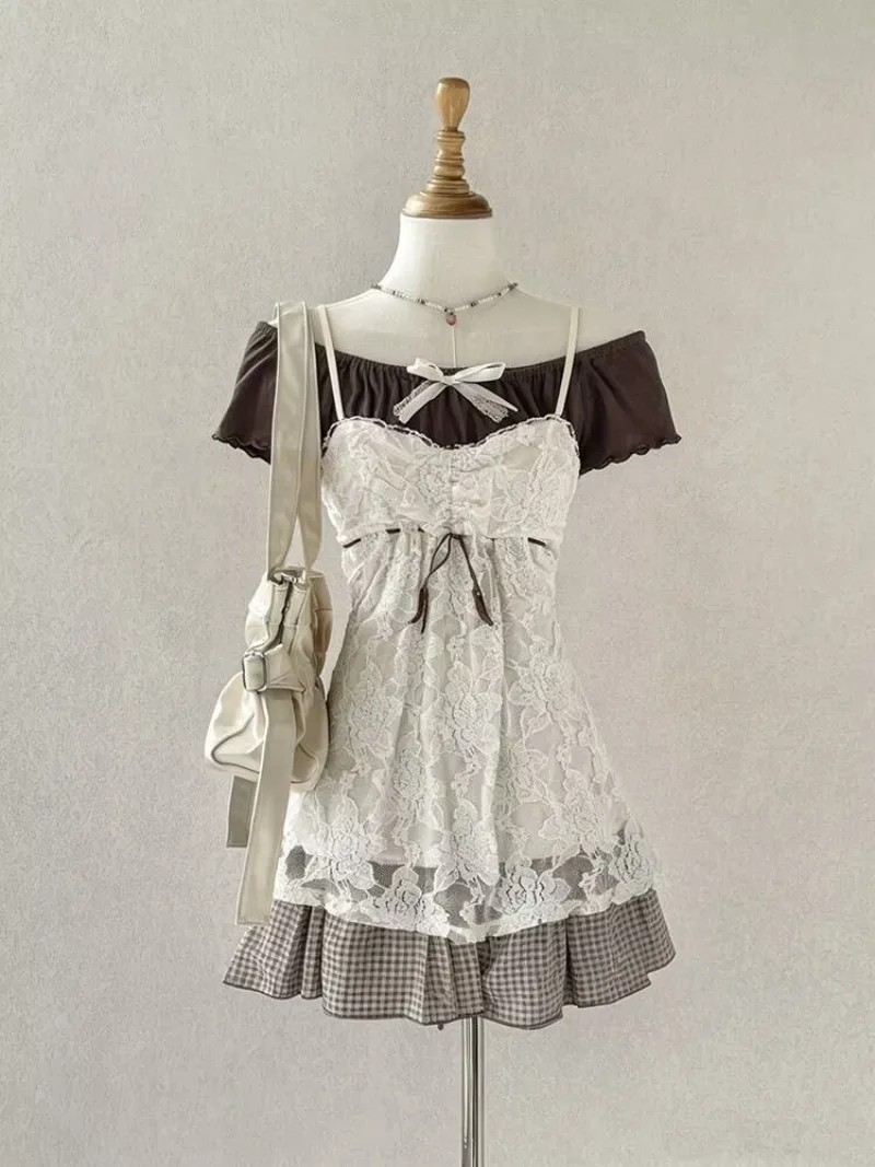 Japanese Lolita Womens 3 Peice Sets One Shoulder Y2k Tops Kawaii Slim Fit Lace Camisole Plaid Mini Skirt Sets Festival Outfit
