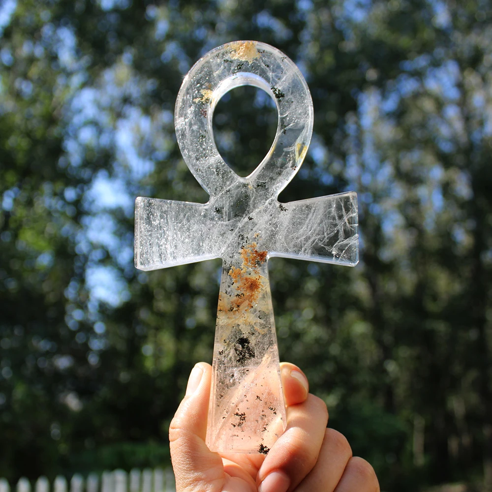 Hand Carved 16 to 18cm Natural Ghost Phantom Quartz Crystal Anka Big Ankh Cross Healing Ornament For Home Decor