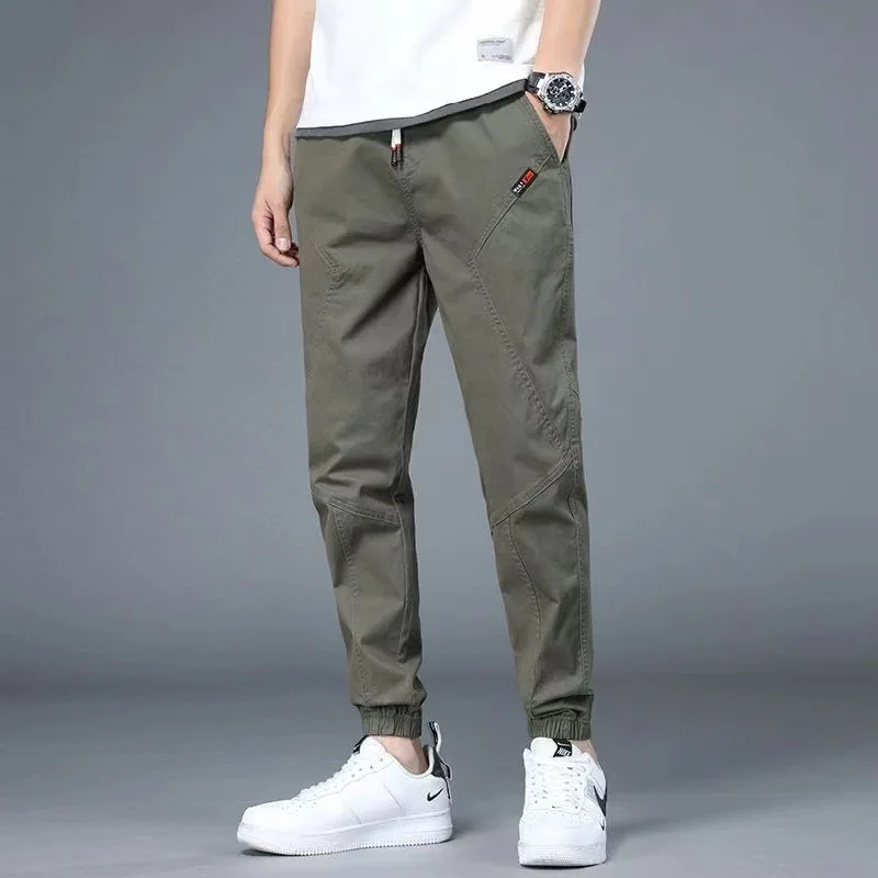 Fashion Minimalist Summer Men's Solid Color Patchwork Pockets Printed Drawstring High Waisted Loose Straight Casual Harlan Pants