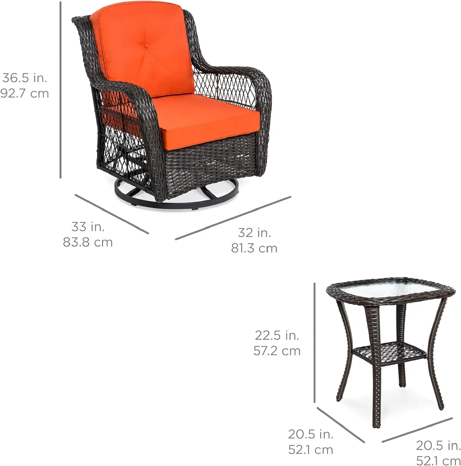 Outdoor Wicker Patio Bistro Set, cadeiras giratórias, tampo de vidro temperado, mesa lateral, 2 360 graus, 3 pcs