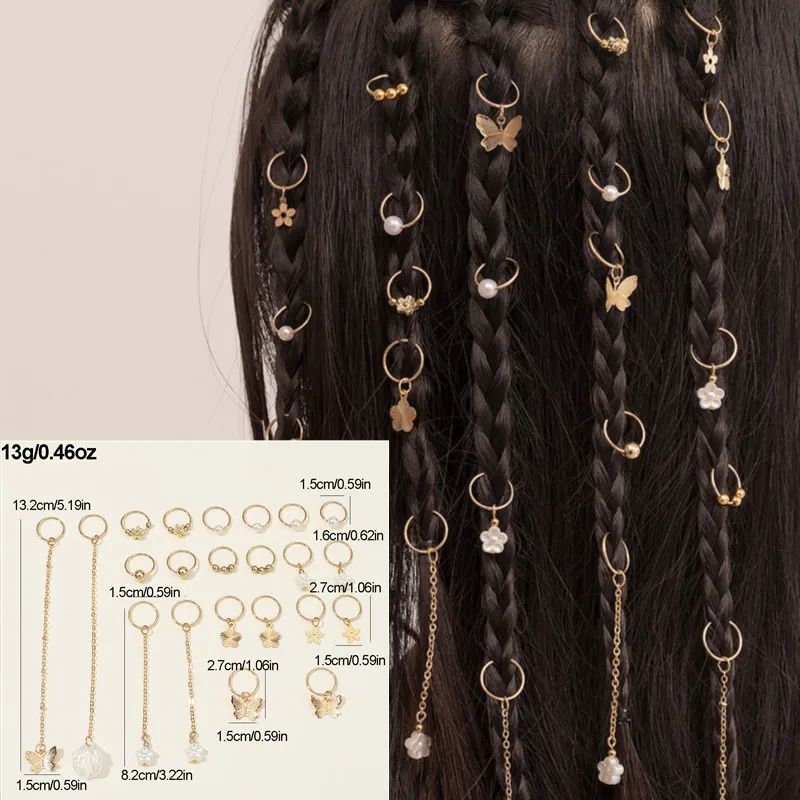 22pcs Hair Rings Adjustable Cuffs Clip Hair Braids Chain Butterfly Pearl Shell Dreadlock Dirty Braids Bead Hairpin for Women