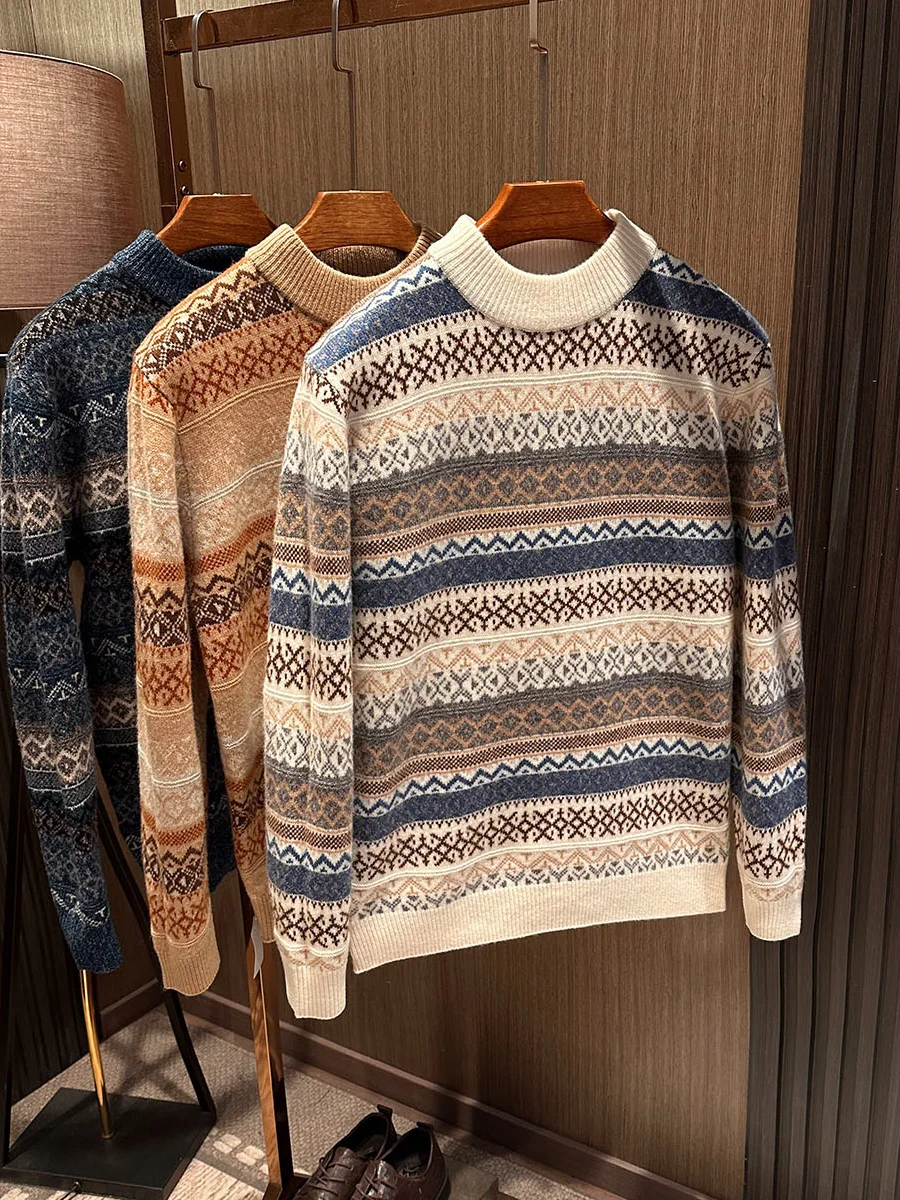 

Modern Retro Thi Warm Men's Knitted Wool Sweater round Ne 00% Pure Wool Fluffy Texture Long Sve Casual Inner Wear
