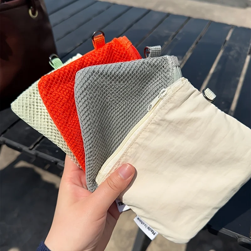 Zweilagige Geldbörse mit Reißverschluss-Mesh für Münzen, Lippenstift-Ohrhörer, maschinenwaschbares Polyester, ohne Druck