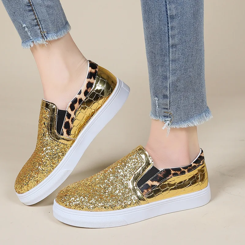 Tamanho grande casual leopardo impressão glitter sapatos nova moda feminina lantejoulas cabeça redonda plana sapatos femininos mocassins c732