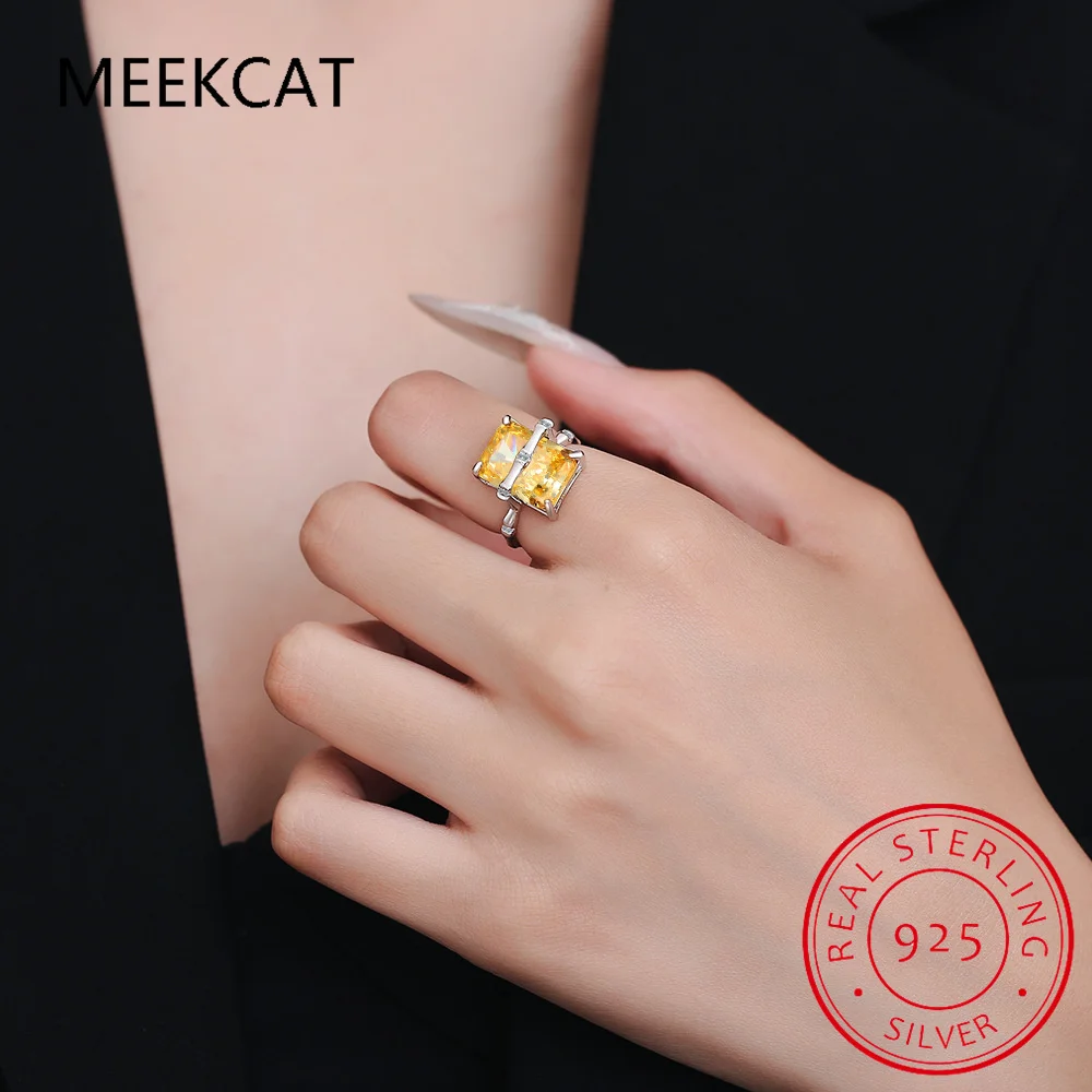 Emerald Cut Yellow Genuine Natural Citrine 925 Sterling Silver Bamboo Ring for Women Rectangle Gemstone Solitaire Fine Jewelry view 5