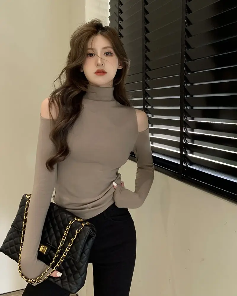 Off-the-shoulder Semi-high-necked Velvet Warm Chic Women Shirt Autumn Spring Long-sleeved Slim Cropped Tops Y2k Party Club