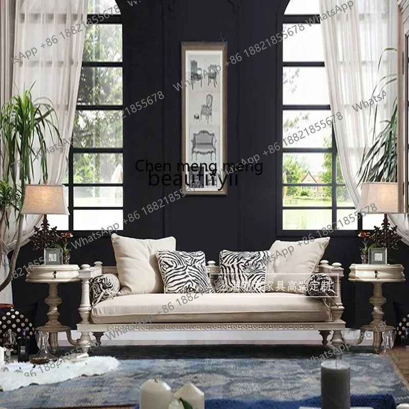 G153 American French solid wood sofa white hollow carved living room retro low back three-person sofa bed