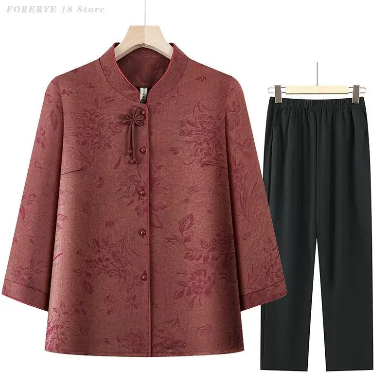 

Spring Autumn Long Sleeves Shirts Coat Tang Clothes Middle Aged Mother Large Size 5XL Blouse Jacket Pant Women Printing Outfit