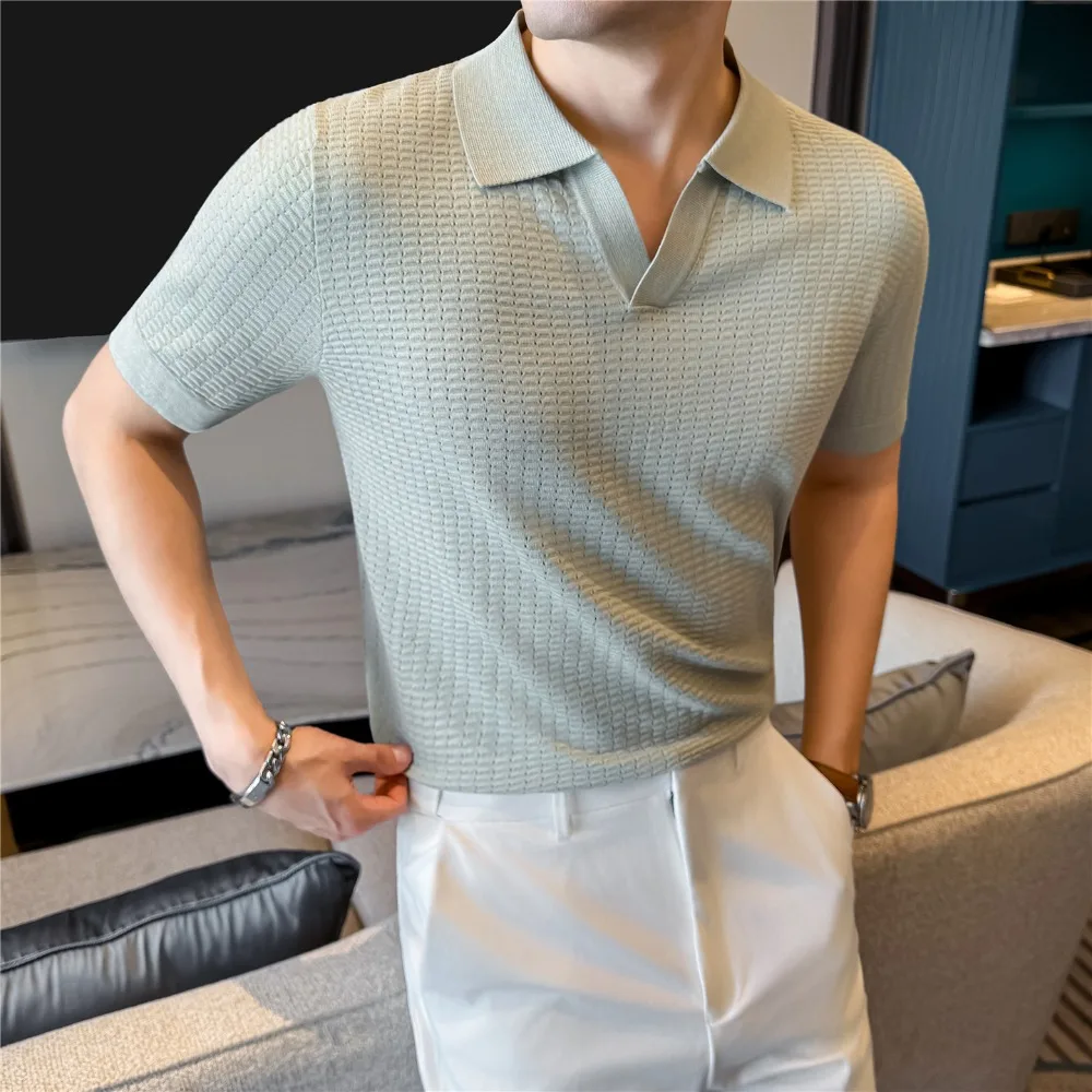 2026 Summer Ice Silk Hollow T-shirt Men's Short Sleeved Knitted Polo Shirt Breathable Casual Business Golf Sports Polo Shirts