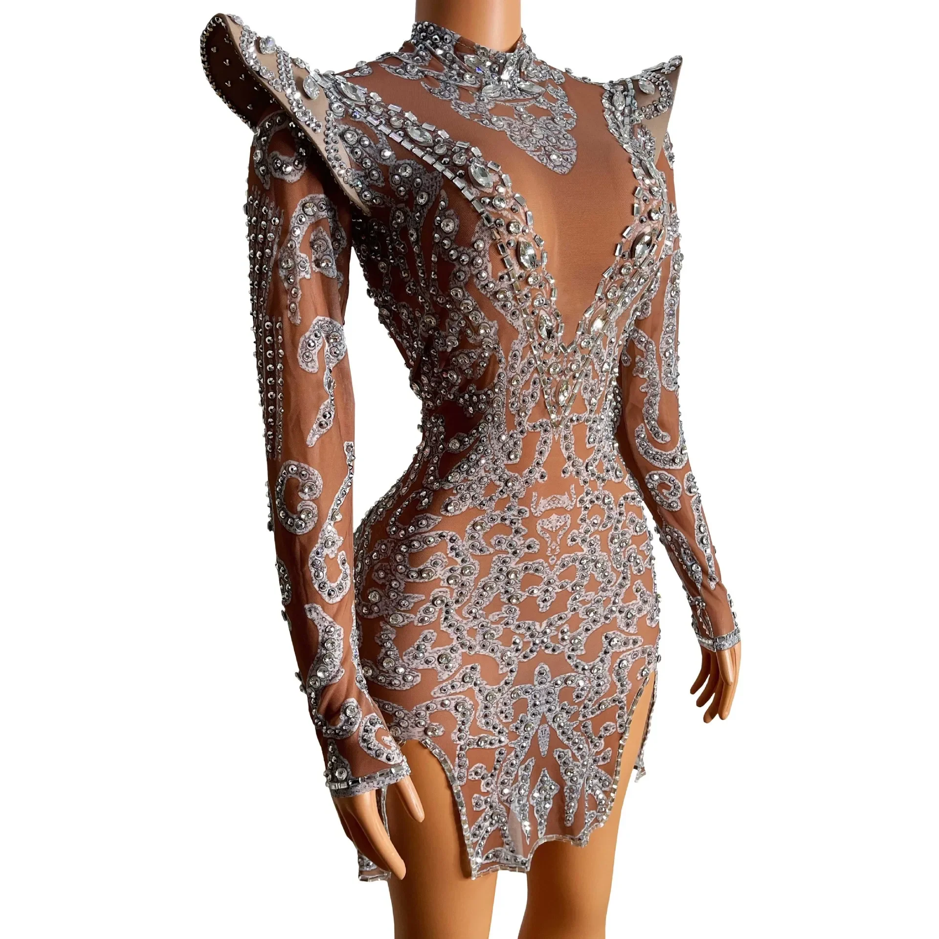 

Sparkling Rhinestone Long Sleeve Dress Nightclub KTV Stage Dress Luxury Party Birthday Evening Dress Concert Ball Mini Skirt