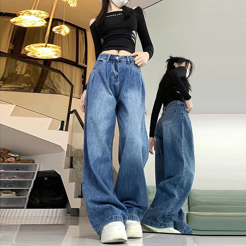 

Women Korean Vintage Simple Casual Streetwear Y2K Wide Leg Jeans Female High Waist Loose Pockets Straight Denim Pants Pantalones