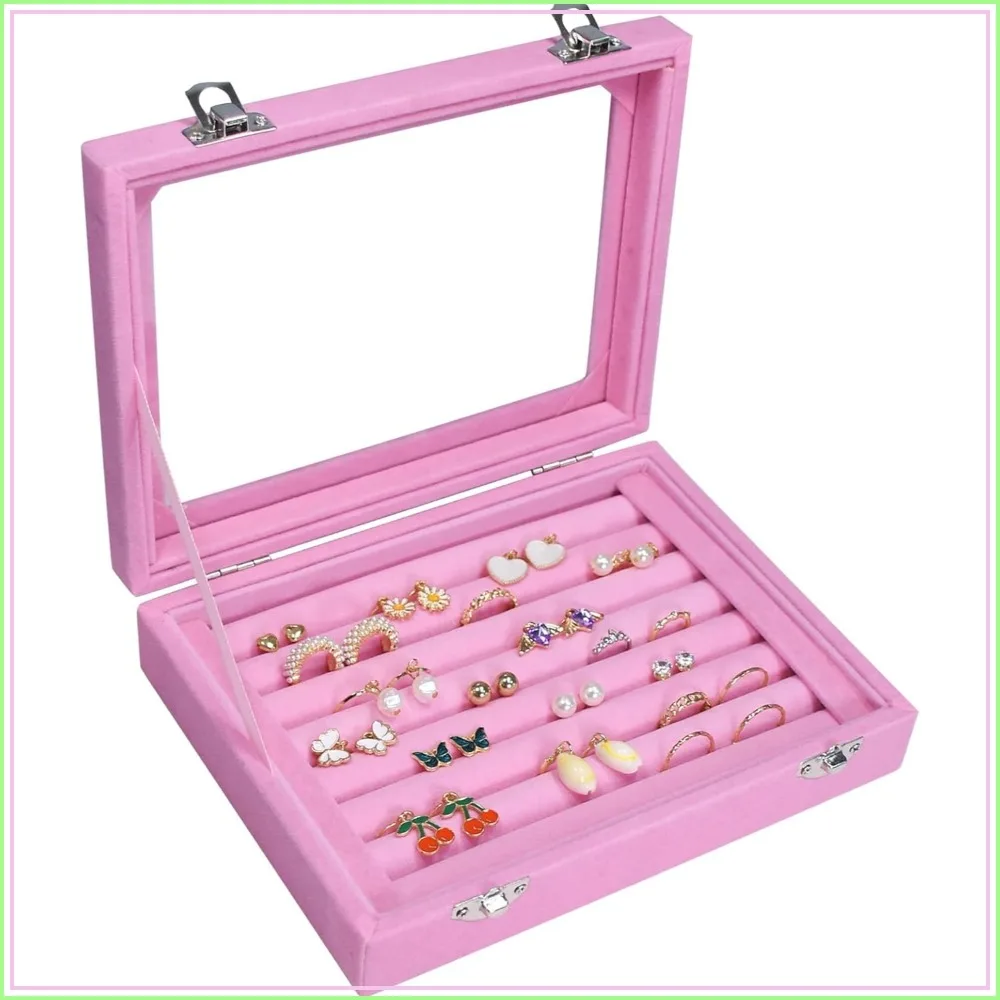 

7-Slot Velvet Jewelry Ring Organizer Tray with Transparent Lid - Display Case for Women