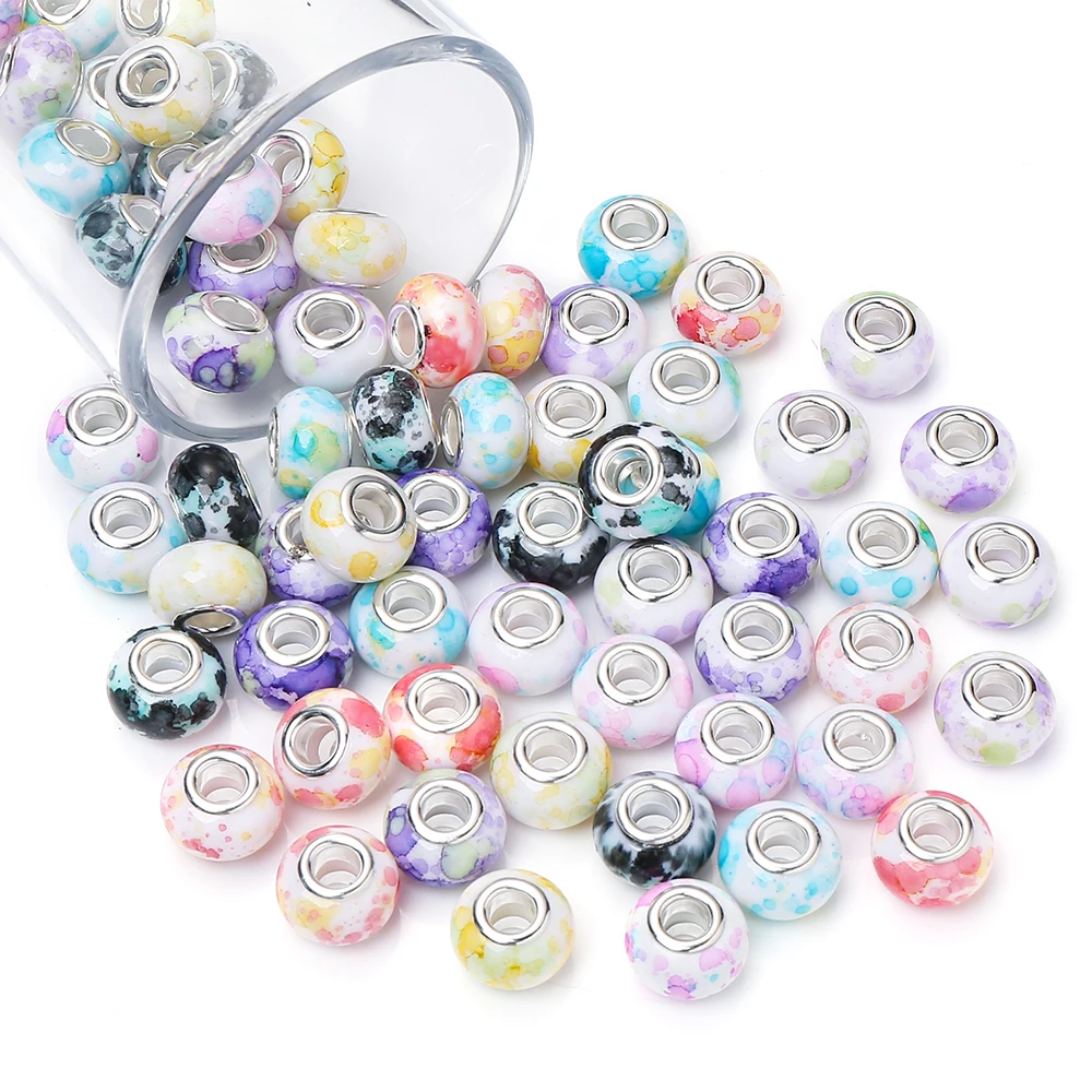 50Pcs Colorful Big Hole Acrylic Beads 14mm Round Flower Print Loose Bead Diy Bracelet Necklace Accessories for Jewelry Making