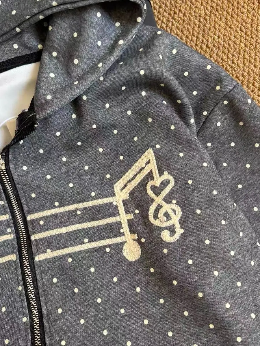 Korean Style Girls Note Embroidery Polka Dot Hoodie Women Early Autumn Loose Zipper Open Cardigan Outerwear Top