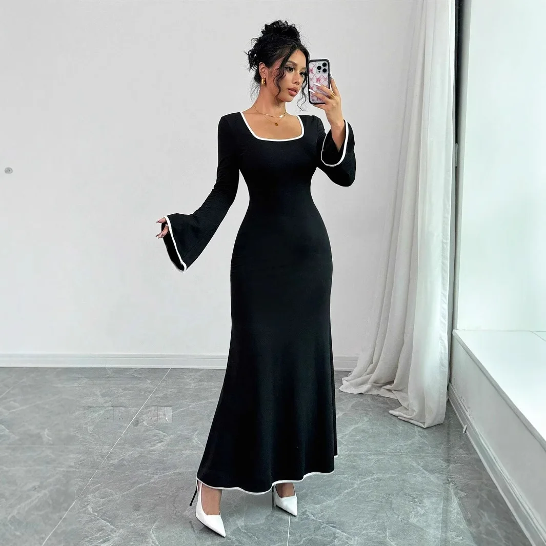 Ropa Para Mujer Elegant Square Neck Midi Dress Women, Contrast Binding Ribbed Knit Bodycon Dress, Slim Fit Cocktail Party Dress
