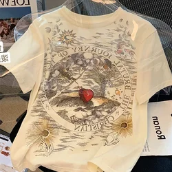 European Flower Horse Art Painting Y2K Top for Women Vintage Apricot Cotton T Shirts Round Neck Loose Summer Tops Korean Fashion