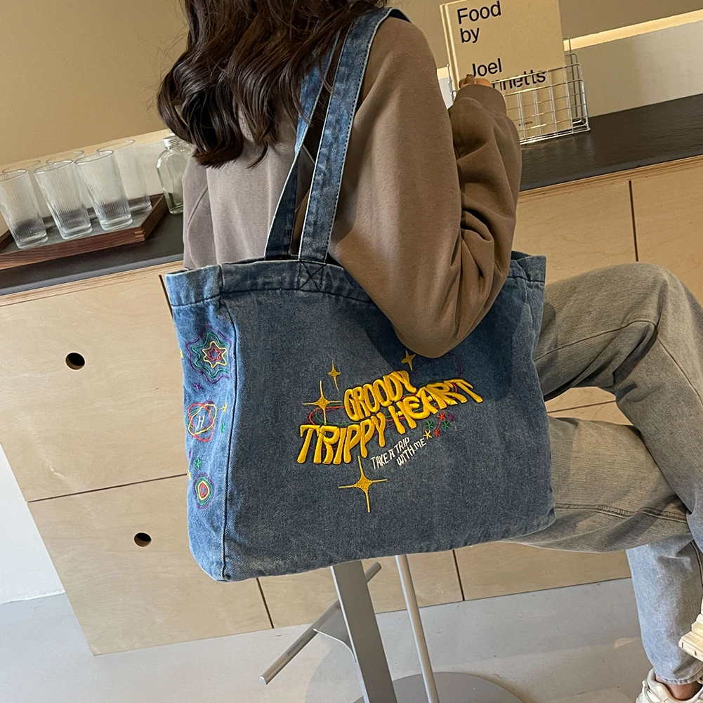 Denim Shoulder Bag Large Capacity Embroidered Tote Bag Casual Travel Shopper Aesthetic Hobo Bag for Women and Girls