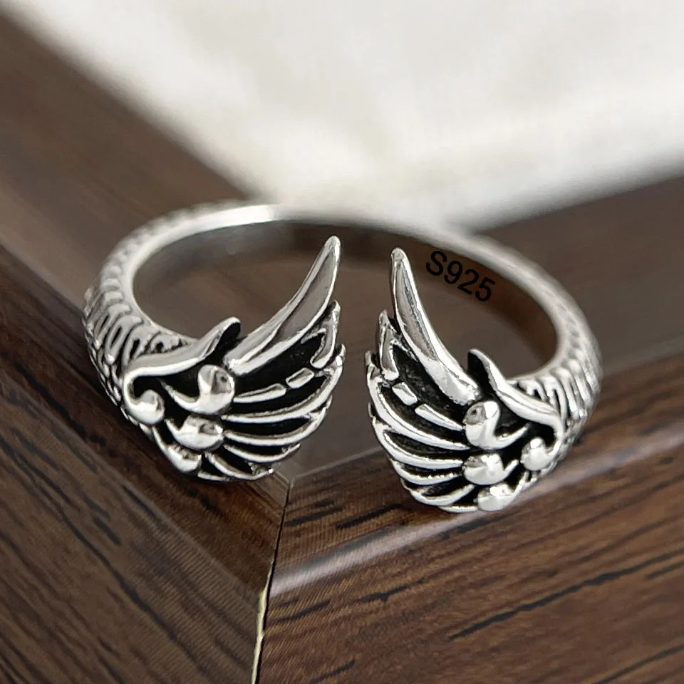 925 Sterling Silver Rings for Women Couple Minimalist Handmade Simple Retro Wing Ring Fine Jewelry Gift Prevent Allergy