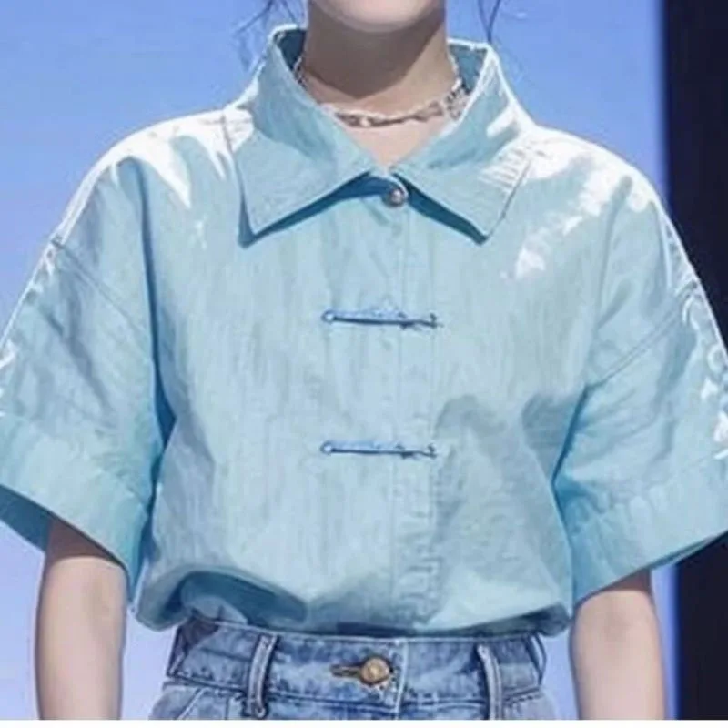 بلوزة نسائية برقبة بولو أحادية اللون ، أنيقة وكلاسيكية ، قميص بسيط ونصف كم للركاب ، تصميم صيني ، جديد في الصيف ، #2