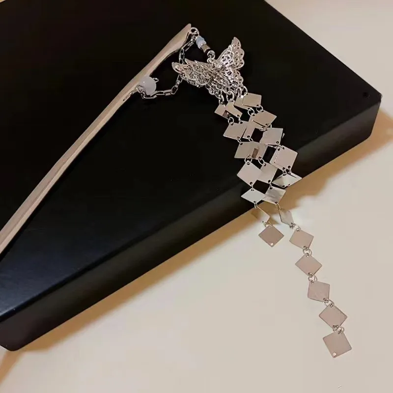 2 قطعة دبوس الشعر المرأة العتيقة الفضة فراشة شرابة الشعر عصا خمر النمط الصيني المعادن مجوهرات إكسسوارات الشعر دبابيس الشعر #3