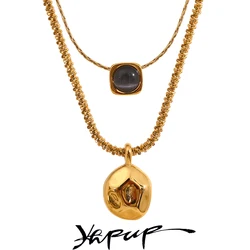 Yhpup 316l Stainless Steel Geometric Natural Stone Pendant Double Layer Overlay Necklace Creativity Trendy Jewelry for Women
