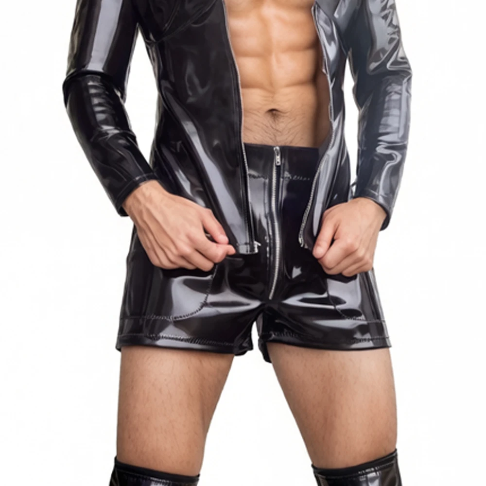 

Sexy Men Double Size Hot Shorts Fashion Latex Men Boxer Shorts PVC Shiny PU Sexy Nightclub Tight Shorts Zipper Stage Punk Shorts