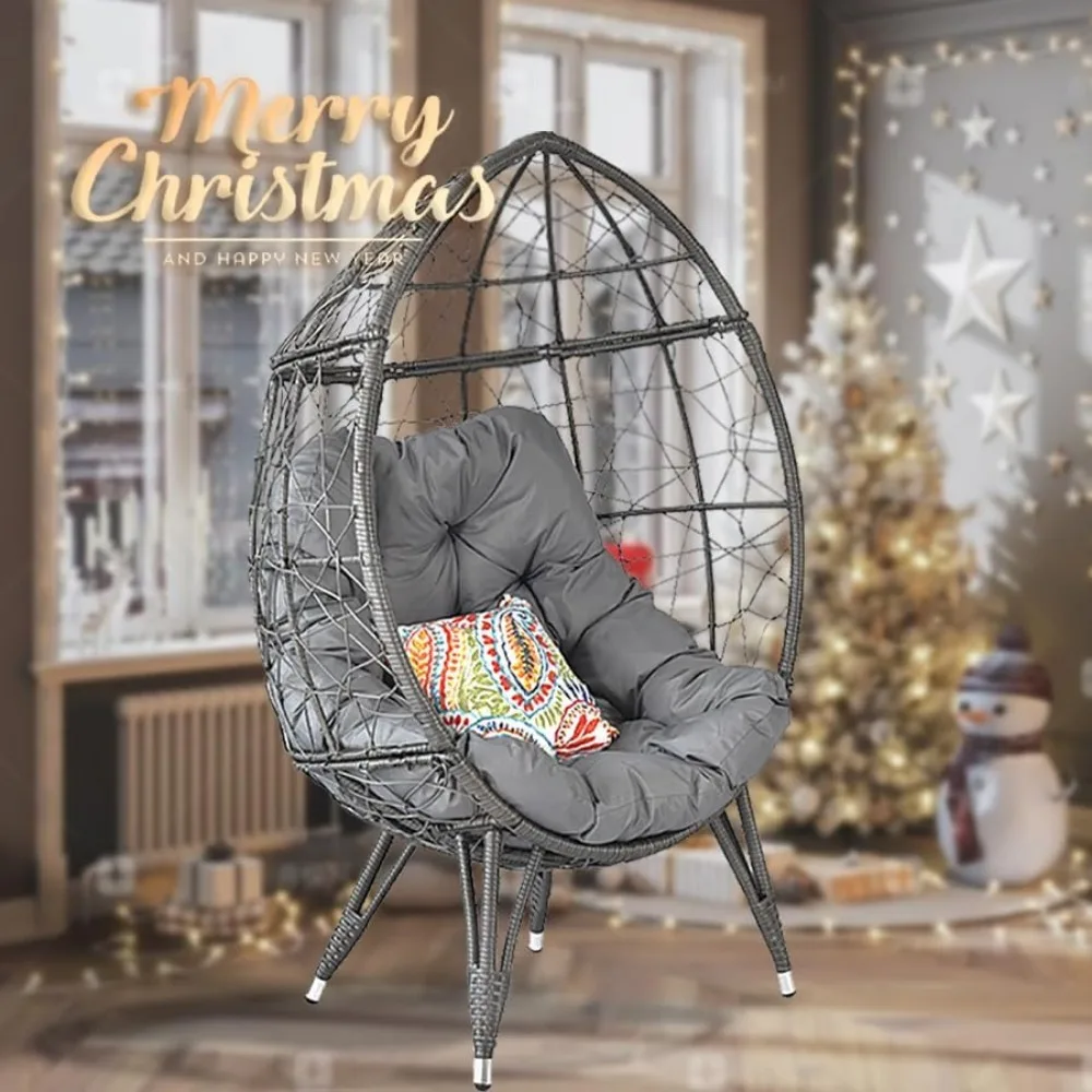 كرسي بيضة من الخيزران كبير الحجم، كرسي صالة سلة بيض داخلي خارجي مع وسادة كبيرة لغرفة المعيشة في الفناء الخلفي والحديقة (رمادي)