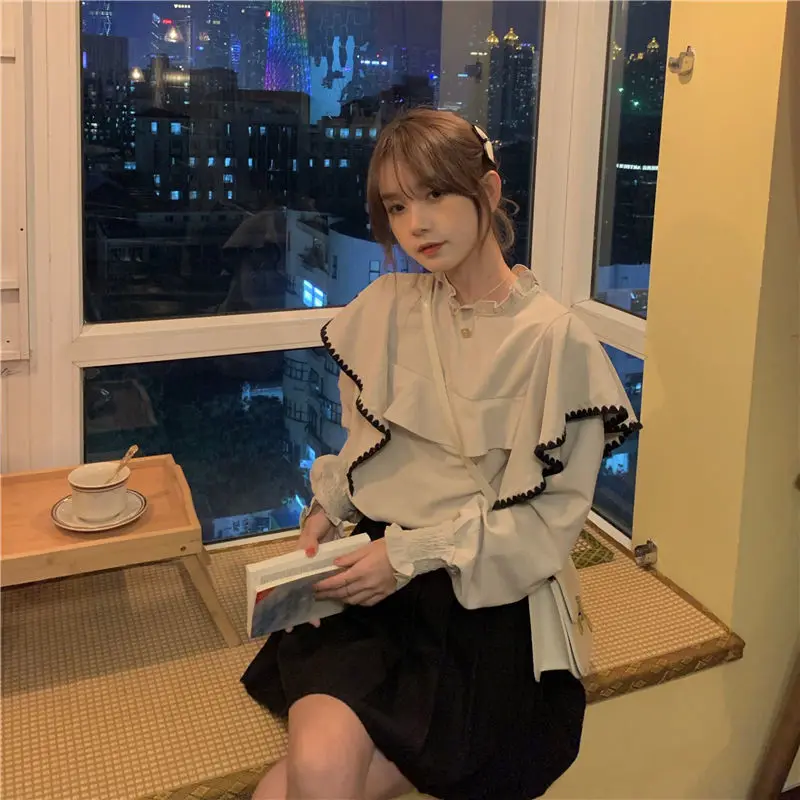 

2022 Women's Spring Autumn Retro Stand Collar Shirts Tops Female Loose Long Sleeve Blouses Ladies Solid Pullover Blouses R62