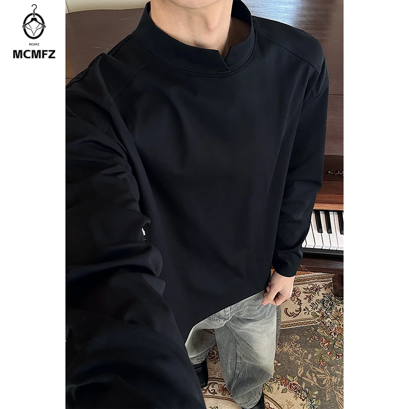 Male Stretchy Smooth Long Sleeve T Shirt Notched Mock Neck Raglan Seam For Vacation And Everyday Matching Outfit